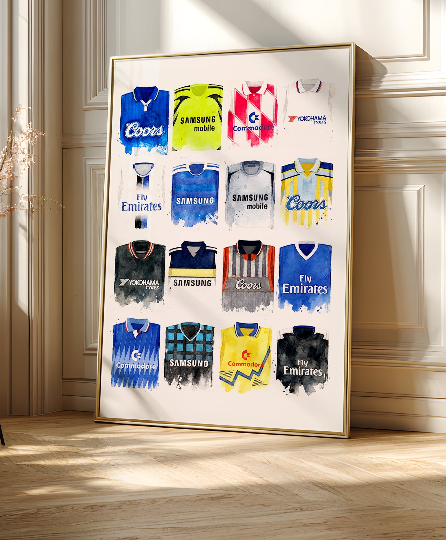 Chelsea Watercolour Retro Kits. History art print, football club poster