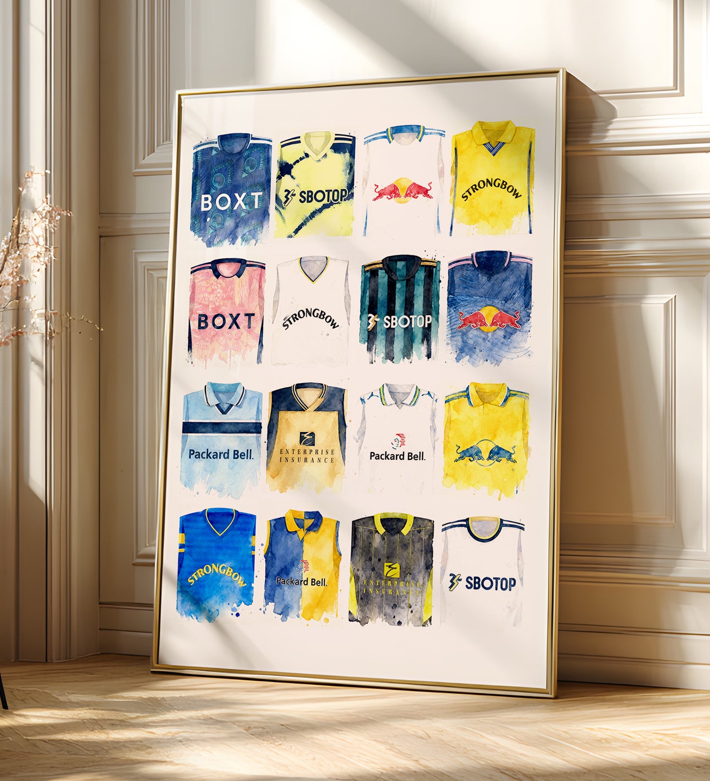 Leeds United Watercolour Retro Kits. History art print, football club poster