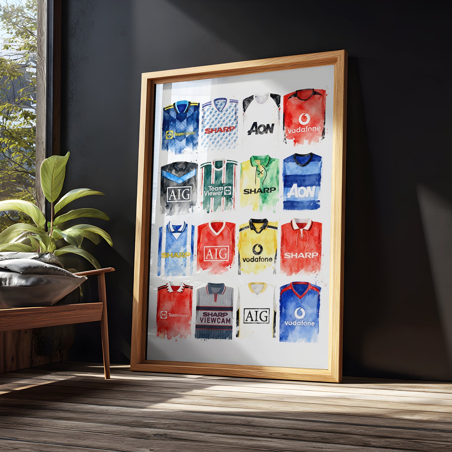 Manchester United Watercolour Retro Kits. History art print, football club poster