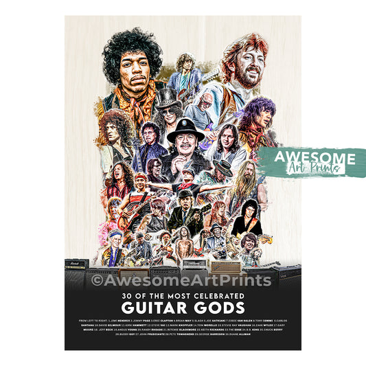 Guitar Gods Poster Print, Digital Illustration | 30 Guitar Legends