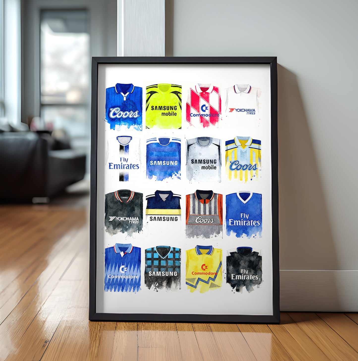 Chelsea Watercolour Retro Kits. History art print, football club poster