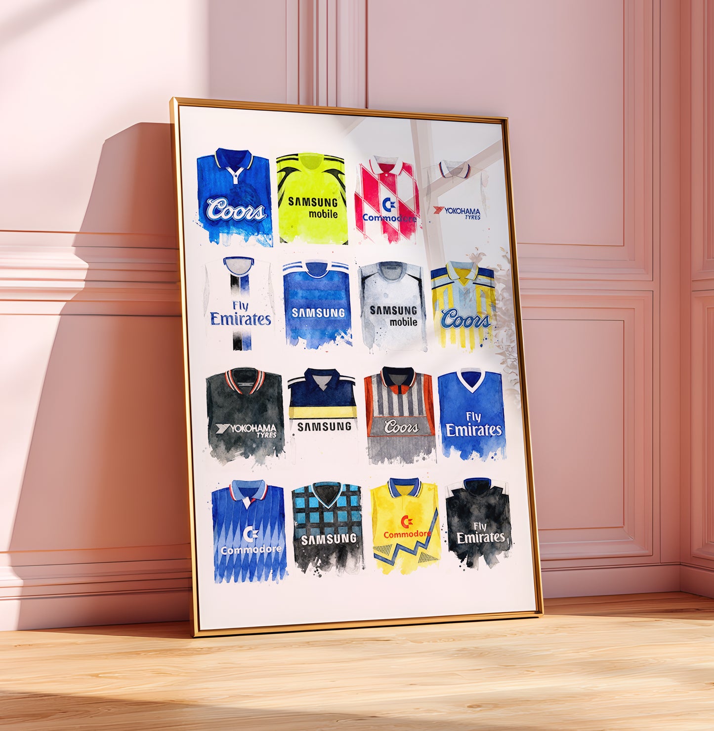 Chelsea Watercolour Retro Kits. History art print, football club poster