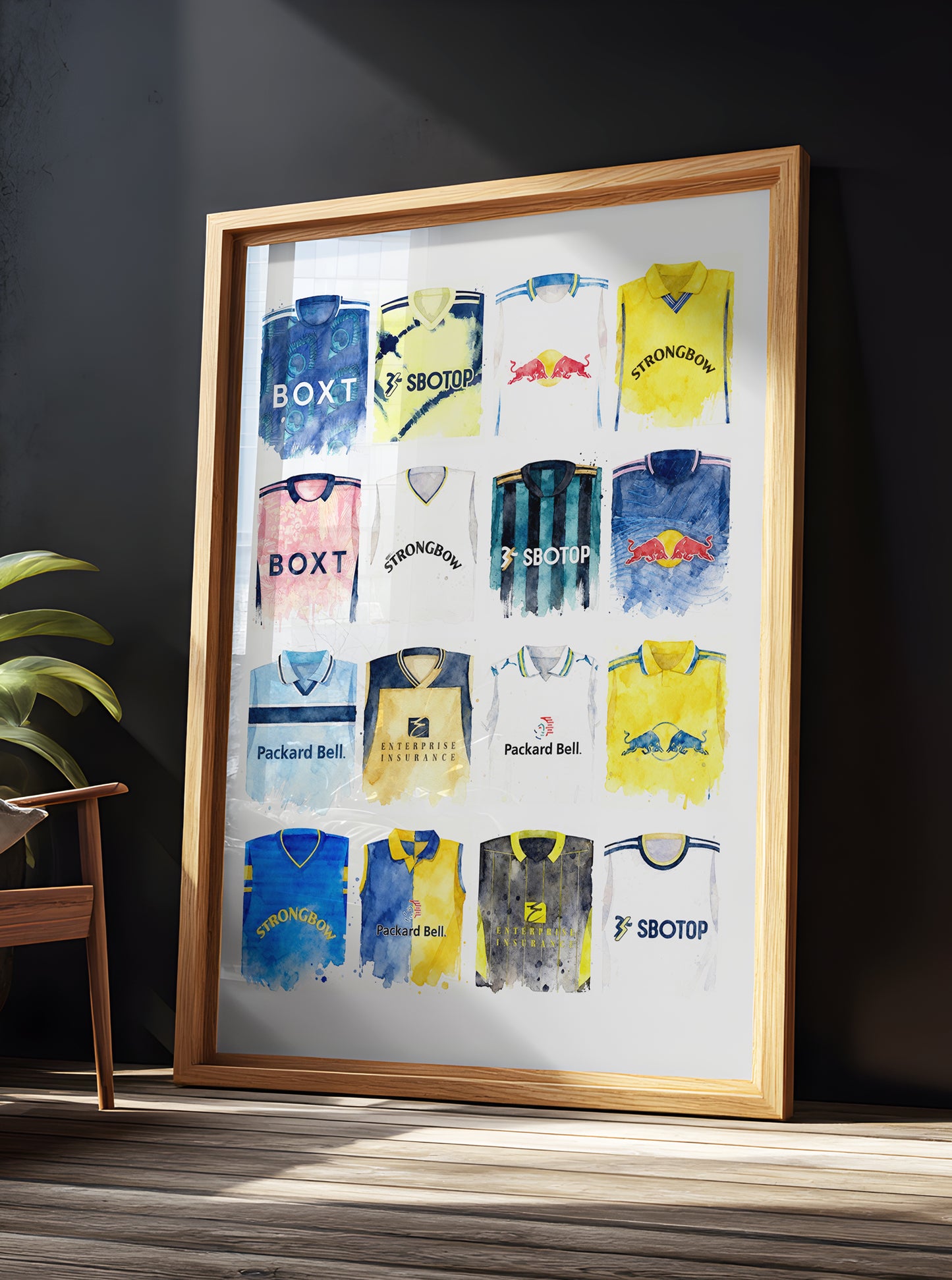 Leeds United Watercolour Retro Kits. History art print, football club poster