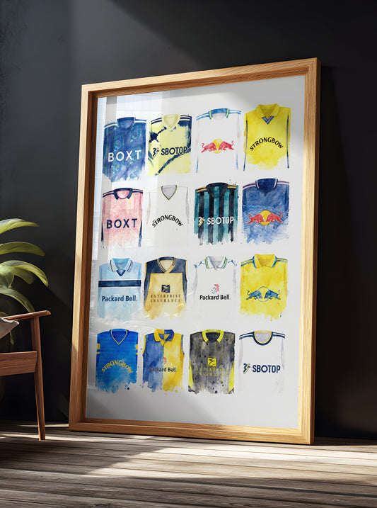Leeds United Watercolour Retro Kits. History art print, football club poster