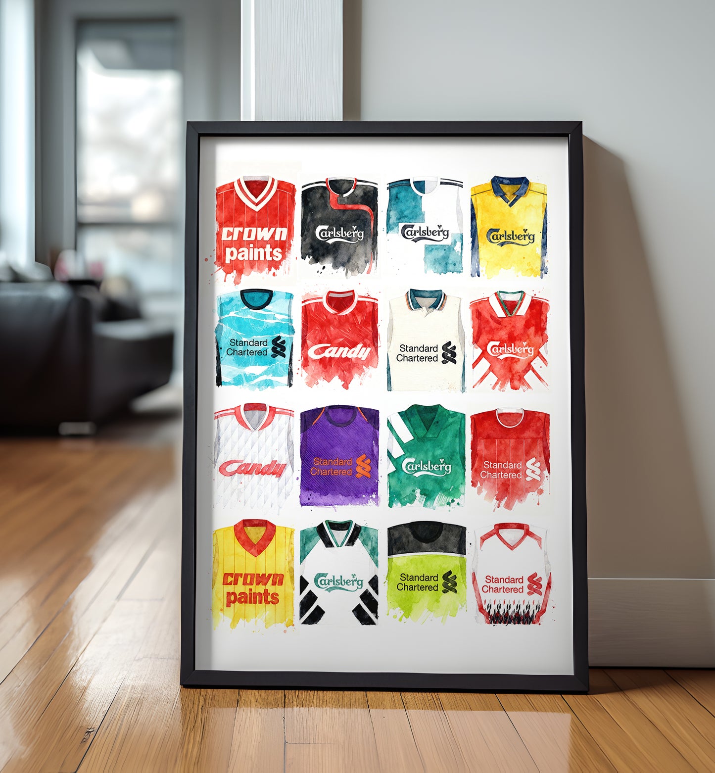 Liverpool Watercolour Retro Kits. History art print, football club poster
