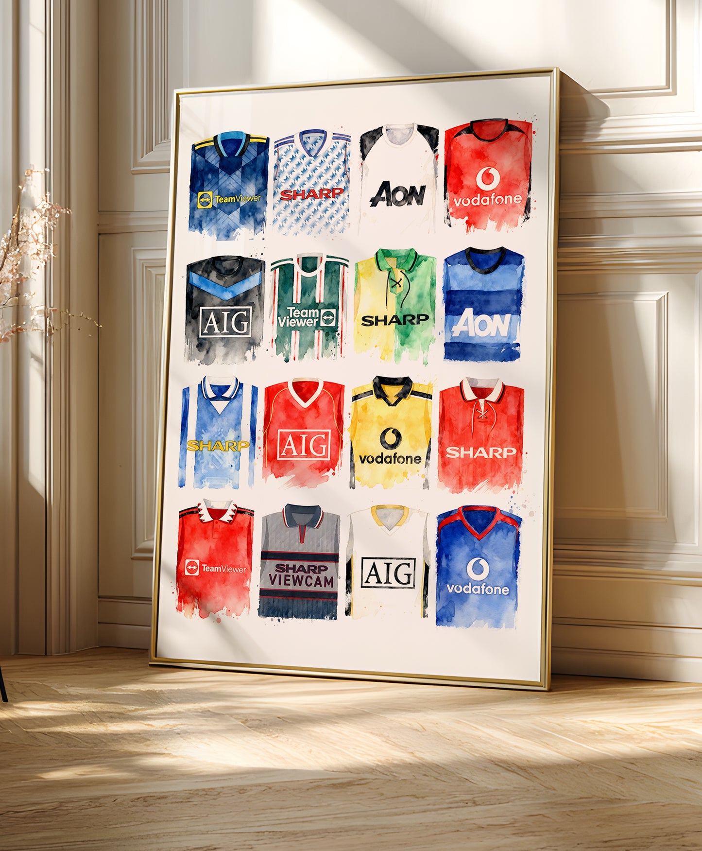 Manchester United Watercolour Retro Kits. History art print, football club poster