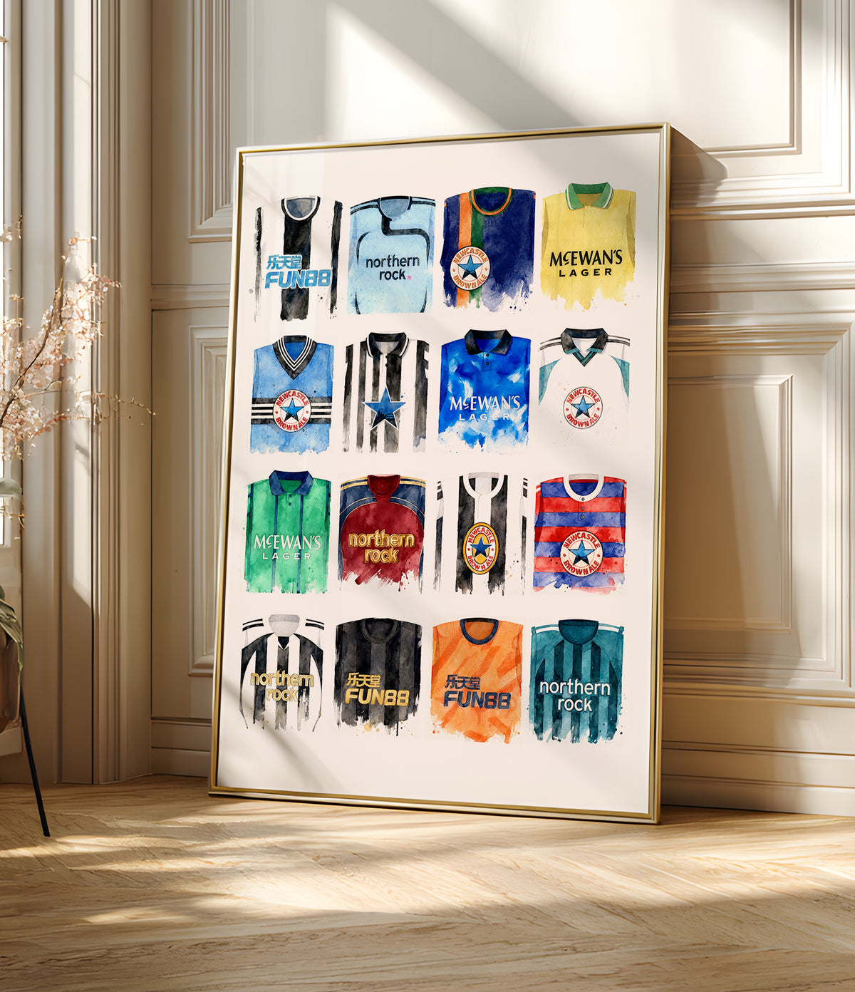 Newcastle United Watercolour Retro Kits. History art print, football club poster