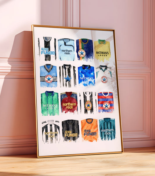 Newcastle United Watercolour Retro Kits. History art print, football club poster