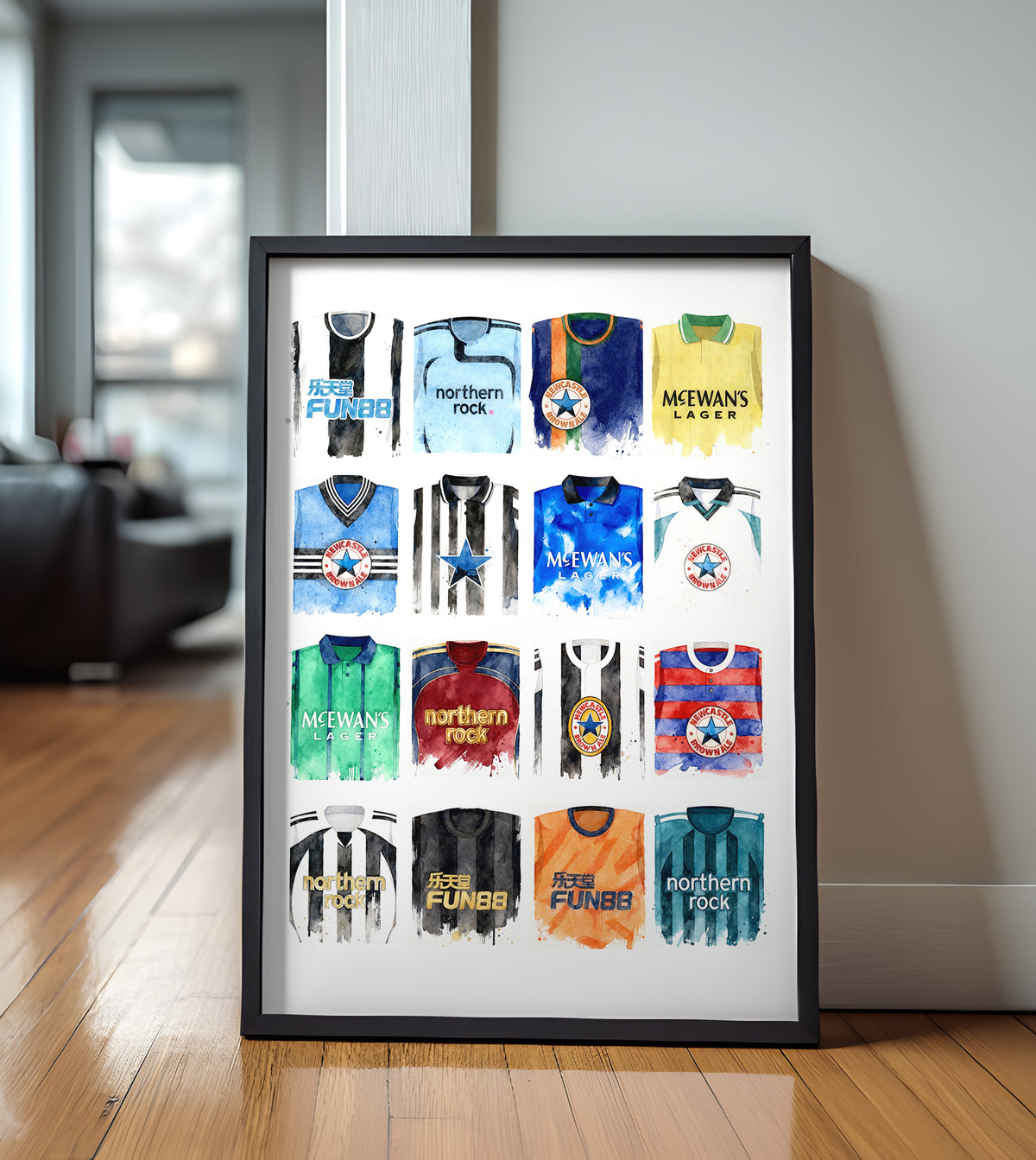 Newcastle United Watercolour Retro Kits. History art print, football club poster