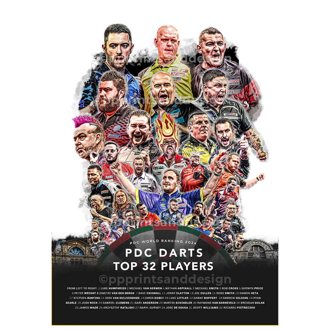 Darts top 32 Poster Print, Digital Illustration | British wall art